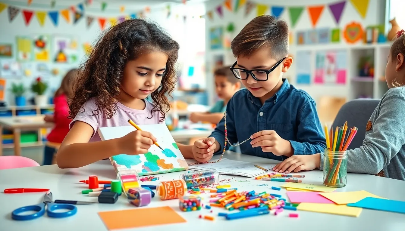 children engaging in DIY arts and crafts activities in a colorful classroom.