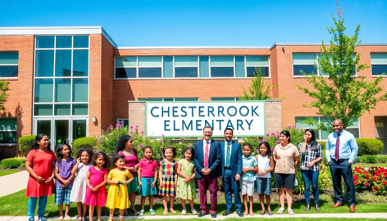 children and teachers in front of Chesterbrook Elementary School.