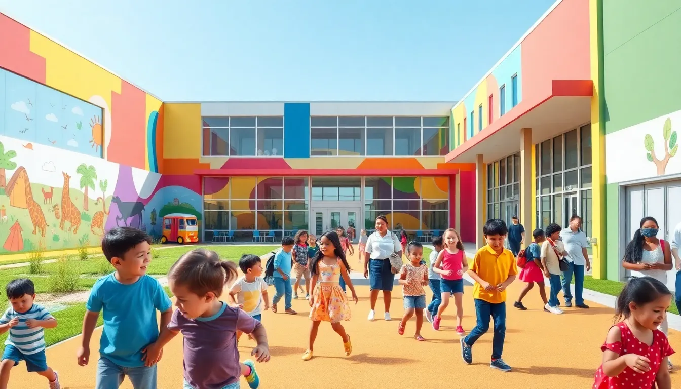 Playful atmosphere at Roadrunner Elementary School with children and colorful murals.